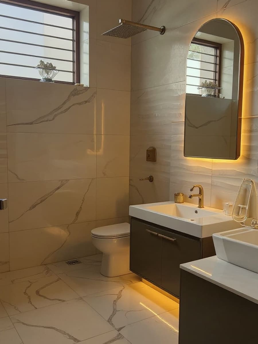 After: the same bathroom in marble, with a backlit arched mirror and brass tapware, window and shower unchanged
